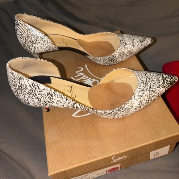 Christian Louboutin White and Black Script Pointed-Toe Pumps - Picture 4 of 10